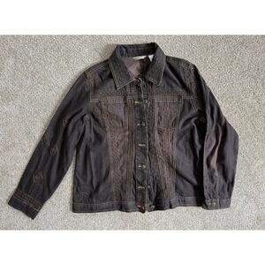Chico's Design Brown Embroidered Denim‎ Jean Jacket Button Front Sz M
